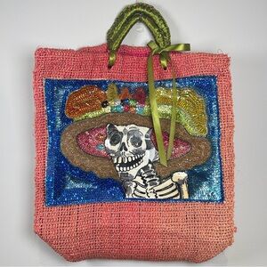 Handmade Mexican Colorful Skeleton Straw Tote Bag with Ribbon Day of the Dead